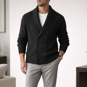 Men's Shawl Collar Double-Breasted Cardigan Sweater - Black